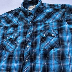 Wrangler Western Sawtooth Pearl Snap Shirt Mens 2XL Blue Plaid Short Sleeve Read